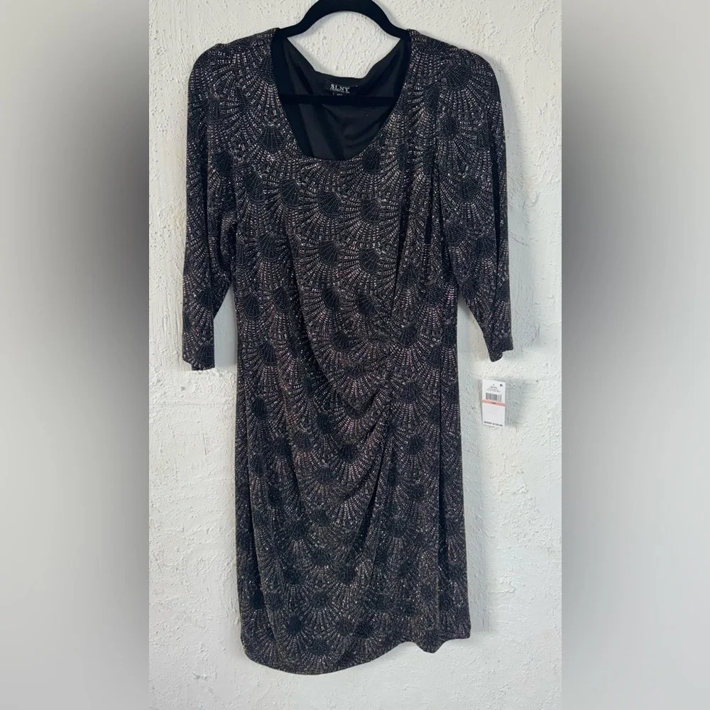 SLNY Printed Metallic Sequin Sheath Cocktail Evening Wear Dress Size 14